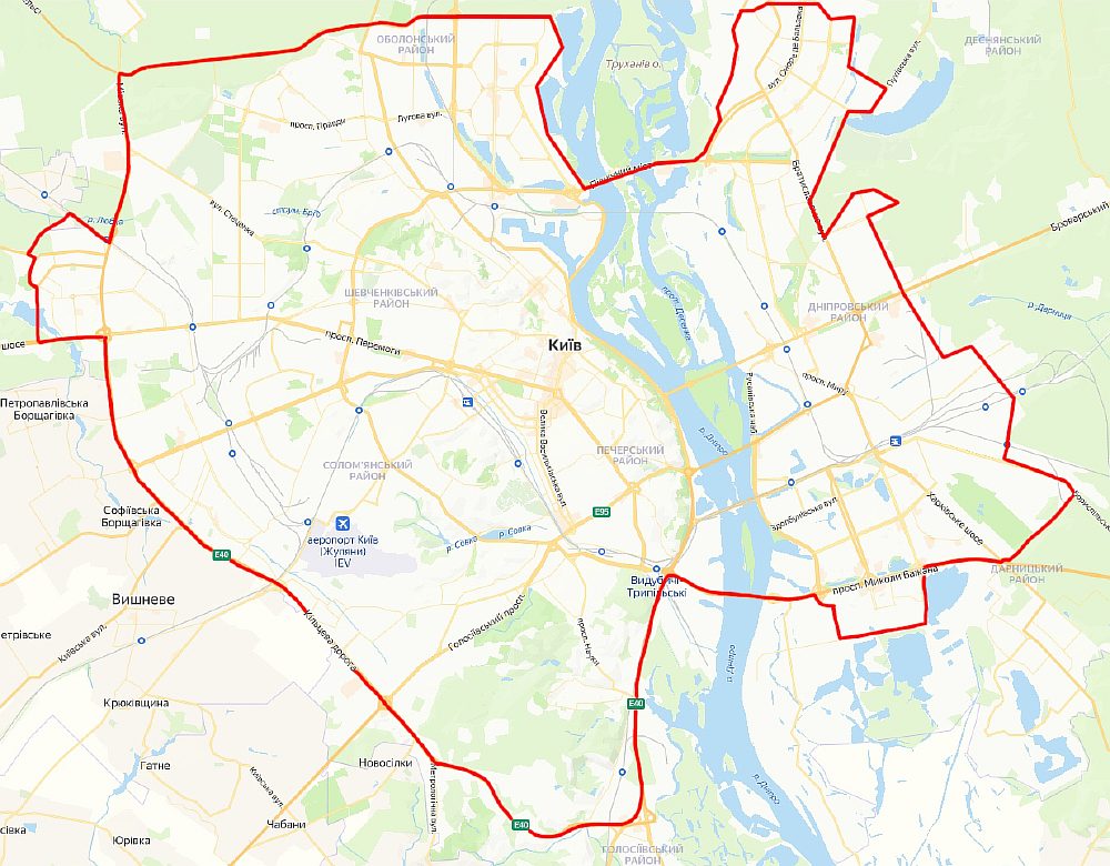 Map of the borders of delivery in Kyiv