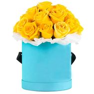 25 yellow roses in a round box