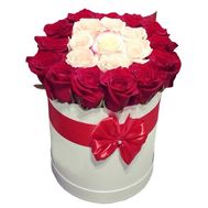 A beautiful box of white and red roses