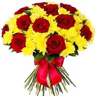 Red yellow bouquet of roses and chrysanthemums