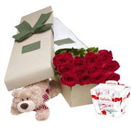 Roses in a Box, Teddy Bear and Raffaello