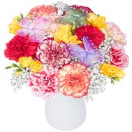 Bright flower arrangement in flower pots