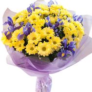 Bright bouquet of yellow chrysanthemums and irises