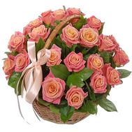 21 roses in a basket with a bow