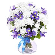 White chrysanthemum and irises in a bouquet
