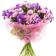 Bouquet of chrysanthemum and blue irises