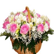 Wonderful basket of pink roses and alstroemerias