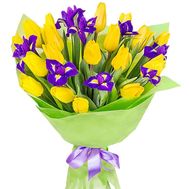 Irises and tulips yellow-blue bouquet