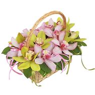 Basket made of pink and green orchids