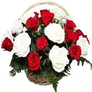Red and white roses in a basket