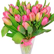 Bouquet of red tulips with ribbon