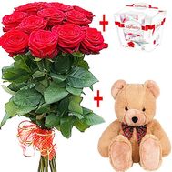 Bouquet of flowers, a box of chocolates and a toy