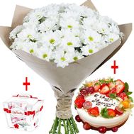 Bouquet of flowers box of chocolates and cake