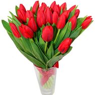 Bouquet of red tulips with ribbon