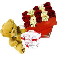 Box of flowers, teddy bear and Raffaello sweets