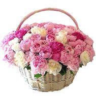 Basket of 101 multi-colored peonies