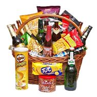 Basket with beer and nuts for men