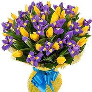 Chic bouquet of blue irises and yellow tulips
