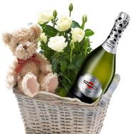 Indoor flower, teddy bear and champagne in the basket