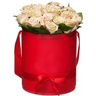 25 cream roses in a round box