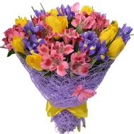 Bouquet of irises, alstromeries and tulips
