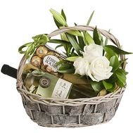 Flowers and wine in the basket