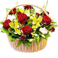 Basket of roses, orchids and alstromeries
