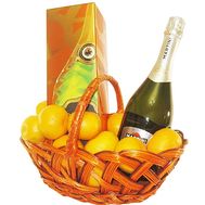 Gift set of champagne and fruit in the basket