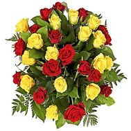 Bright basket of yellow and red roses