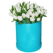 55 white tulips in a box