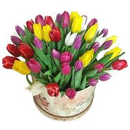 Bouquet of colorful tulips in a box