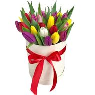 Box of colorful tulips