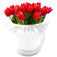 Red tulips in a hat box