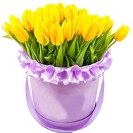Yellow tulips in a round box