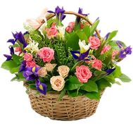 Flower basket with iris and spray roses