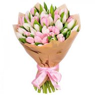 Delicate bouquet of 51 white and pink tulips