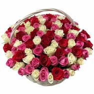 101 roses of different colors in a basket
