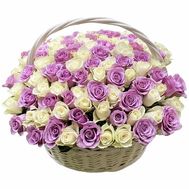 White and purple roses in a basket