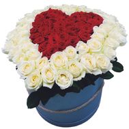 A red heart and white roses around