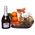 Champagne, tangerines and sweets in the basket