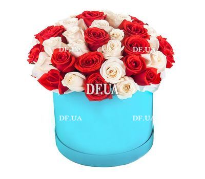 White and red roses in a round box