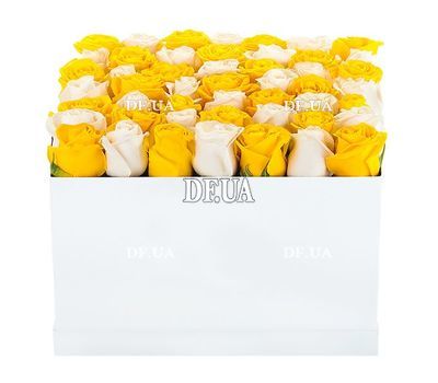 Box of white and yellow roses