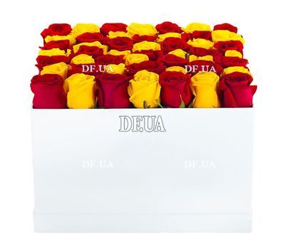 Red and yellow roses in a box