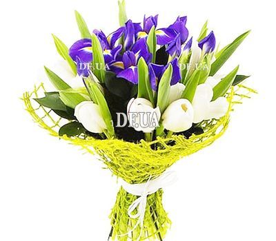A bouquet of white tulips and blue irises