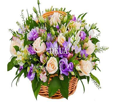 Flower basket from alstroemerias, roses and caucasus