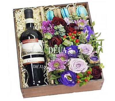 Flowers and wine in a box