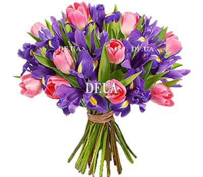 Irises and tulips in a bouquet