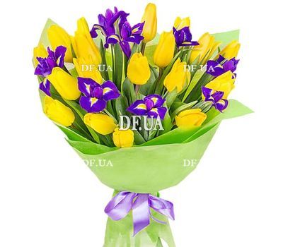Irises and tulips yellow-blue bouquet