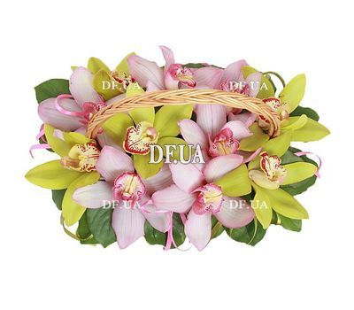 Корзинка из розовых и зеленых орхидей