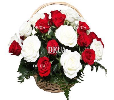 Red and white roses in a basket